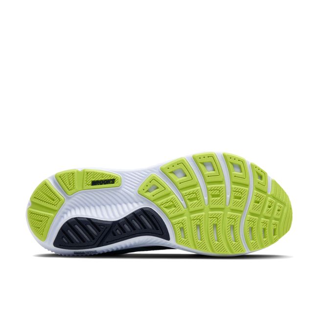 Sole of Brooks Men’s Ghost 17 neutral running shoe in navy and neon green with cushioned midsole.