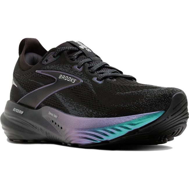 Front angled view of Brooks Men's Glycerin 22 Running Shoe in Aurora Black Ebony