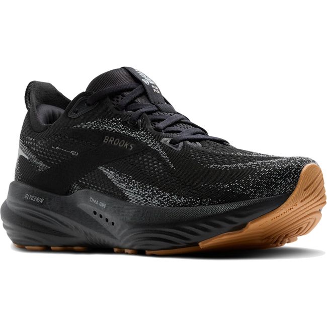 Angled view of Brooks Men’s Glycerin 22 black running shoe with lace-up and cushioned midsole.