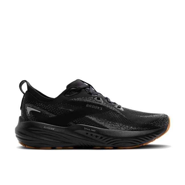 Side view of Brooks Men’s Glycerin 22 black running shoe with lace-up and cushioned midsole.