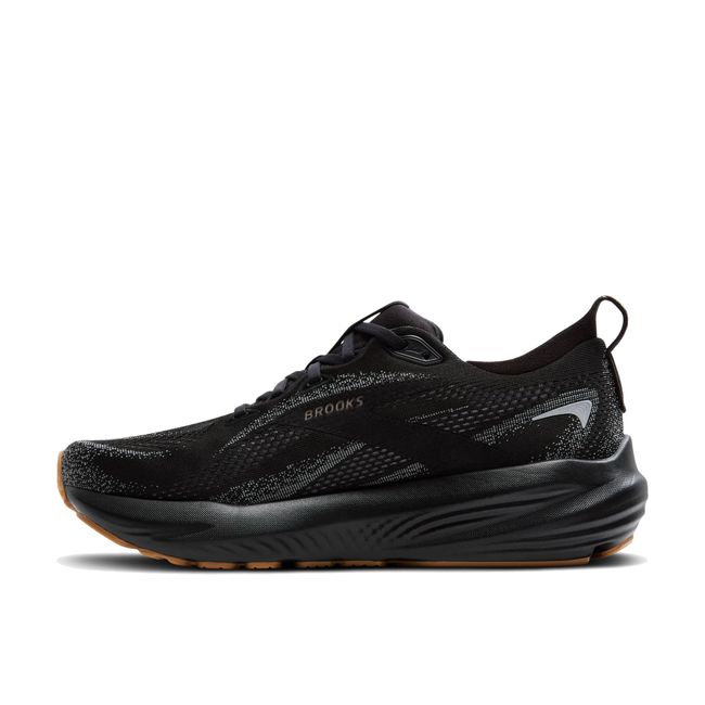 Medial side of Brooks Men’s Glycerin 22 black running shoe with lace-up and cushioned midsole.