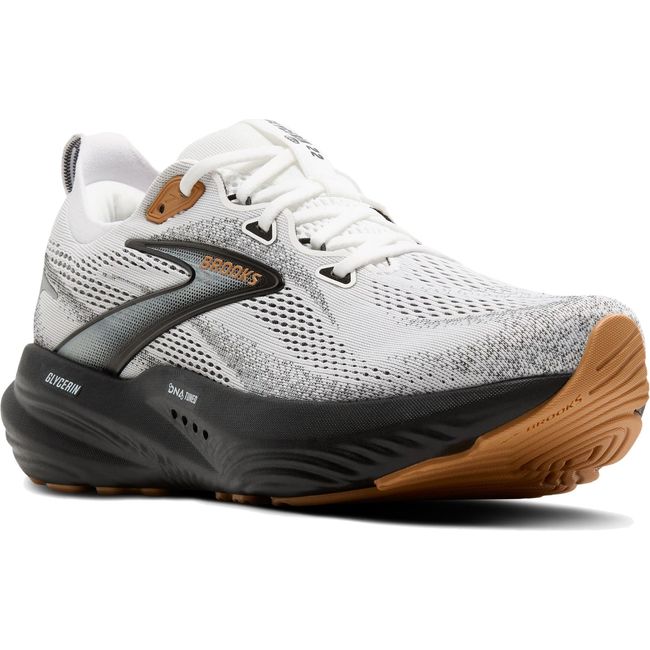 Front nagled view of Women's Brooks Glycerin 22 Running Shoe in White Grey Black