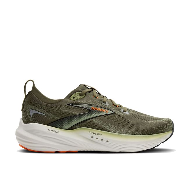 Side view of Brooks Men’s Glycerin 22 supportive running shoe in green with plush cushioning.