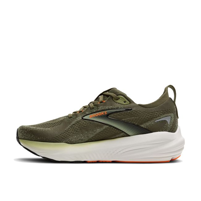 Medial side of Brooks Men’s Glycerin 22 supportive running shoe in green with plush cushioning.