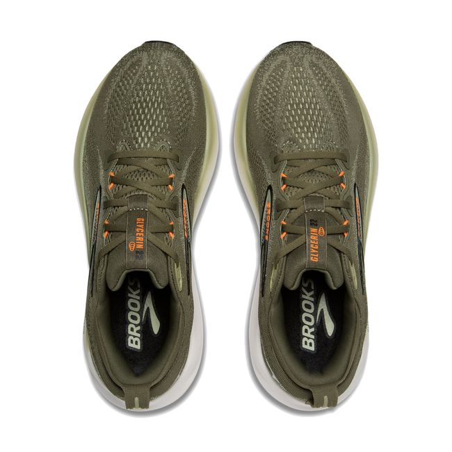 Upper of Brooks Men’s Glycerin 22 supportive running shoe in green with lace up closure
