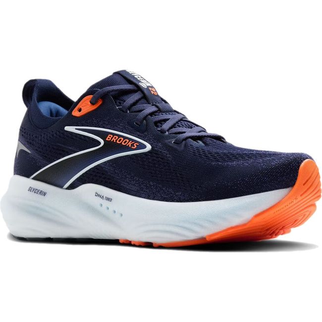 Front angled view of Brooks Men's Glycerin 22 Running Shoe in navy blue and orange