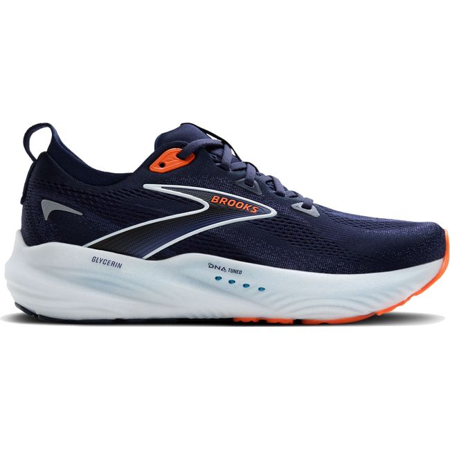 Lateral side of Brooks Men's Glycerin 22 Running Shoe in navy blue and orange