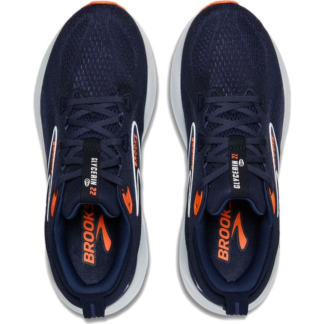 Top down view of Brooks Men's Glycerin 22 Running Shoe in navy blue and orange