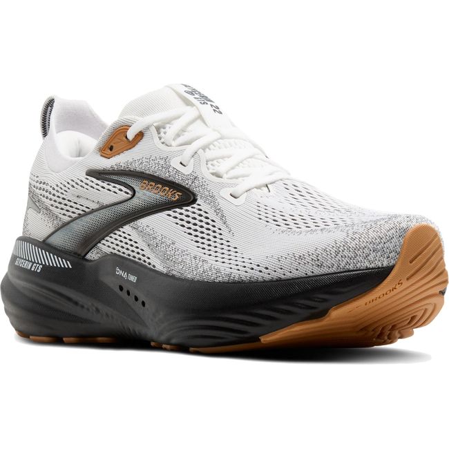 Front angled view of Men's Brooks Glycerin GTS 22 Running Shoe in White, Grey, and Black