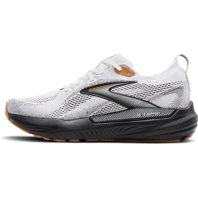 Medial side of Men's Brooks Glycerin GTS 22 Running Shoe in White, Grey, and Black with Guiderail
