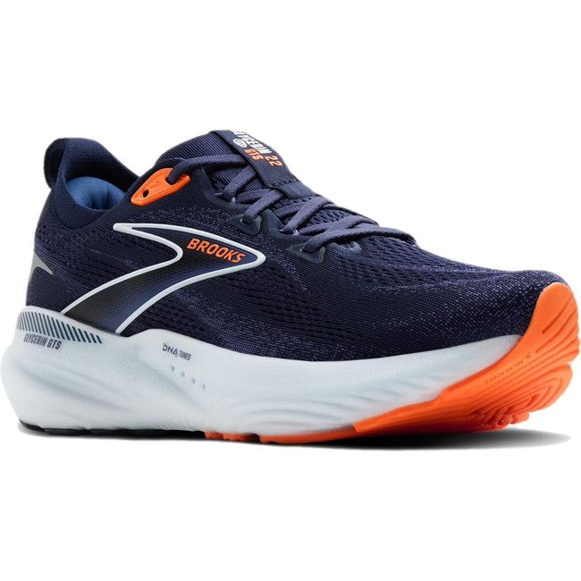 Front angled view of Brooks Men's Glycerin GTS 22 Running Shoe in navy and orange