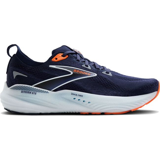 Lateral side of Brooks Men's Glycerin GTS 22 Running Shoe in navy and orange