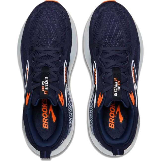 Top down view of Brooks Men's Glycerin GTS 22 Running Shoe in navy and orange