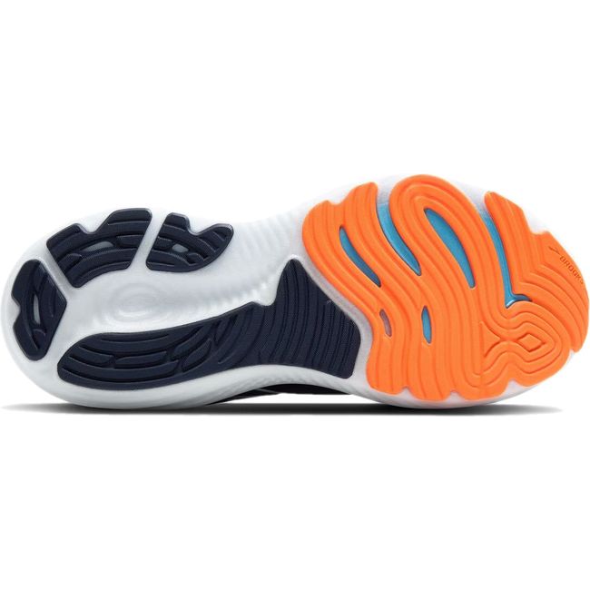 Sole of Brooks Men's Glycerin GTS 22 Running Shoe in navy and orange