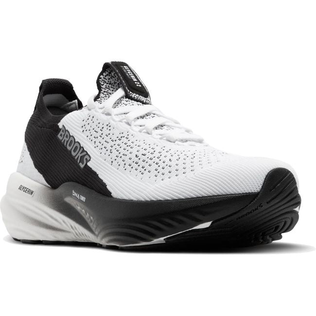 Front angled view of Brooks Men's Glycerin Stealthfit 22 Running Shoe in White, Grey, and Black