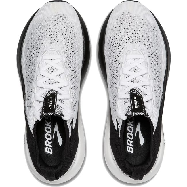 Top down view of Brooks Men's Glycerin Stealthfit 22 Running Shoes in White, Grey, and Black