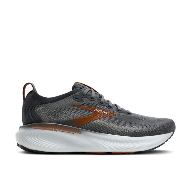 Lateral side profile of Brooks Adrenaline GTS 25 men's shoe in turbulence grey showing soft cushioned midsole and Brooks branding