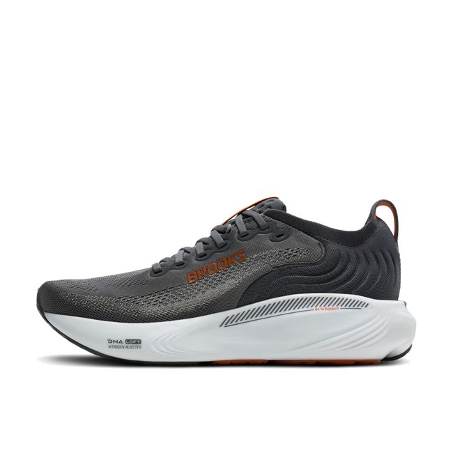 Medial side profile of Brooks Adrenaline GTS 25 in grey and bombay brown showing GuideRails support structure and midsole stack