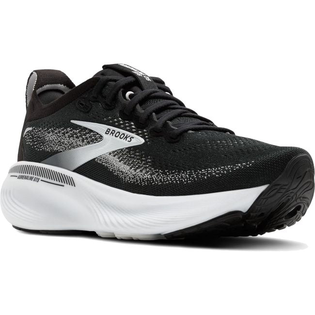 Front angled view of Brooks Men's Adrenaline GTS 25 Running Shoe in Black and White