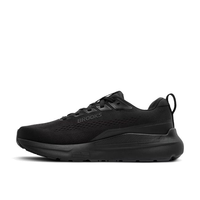 Medial profile of Brooks Beast GTS 26 in black and gray showing broad base midsole stack and roomy mesh upper