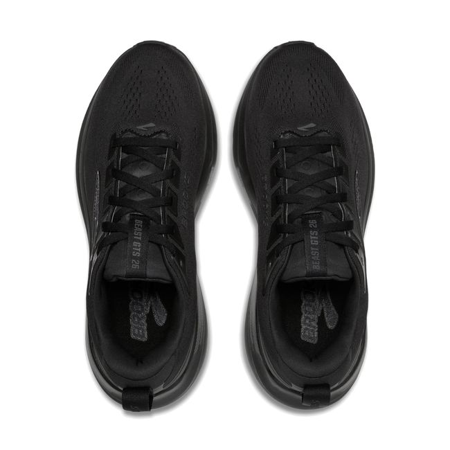 Top-down pair of Brooks Beast GTS 26 in all-black showing roomy tonal mesh upper and lace system