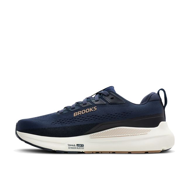 Medial profile of Brooks Beast GTS 26 in peacoat and indigo showing broad base midsole stack and roomy mesh upper