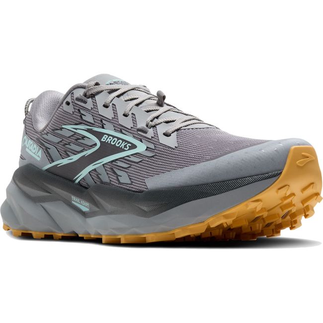 Brooks Men’s Cascadia 19 grey trail running shoe with all-terrain cushioned midsole.