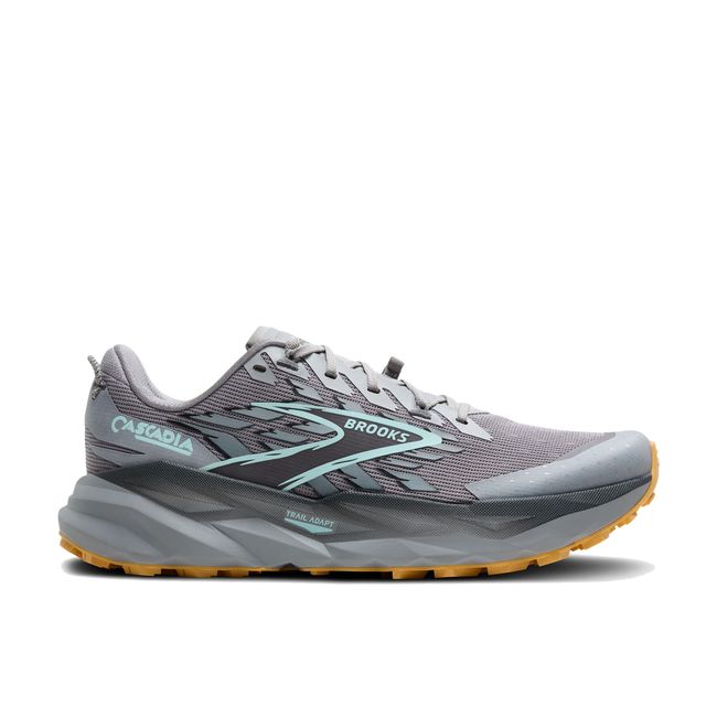 Side view of Brooks Men’s Cascadia 19 grey trail running shoe with all-terrain cushioned midsole.