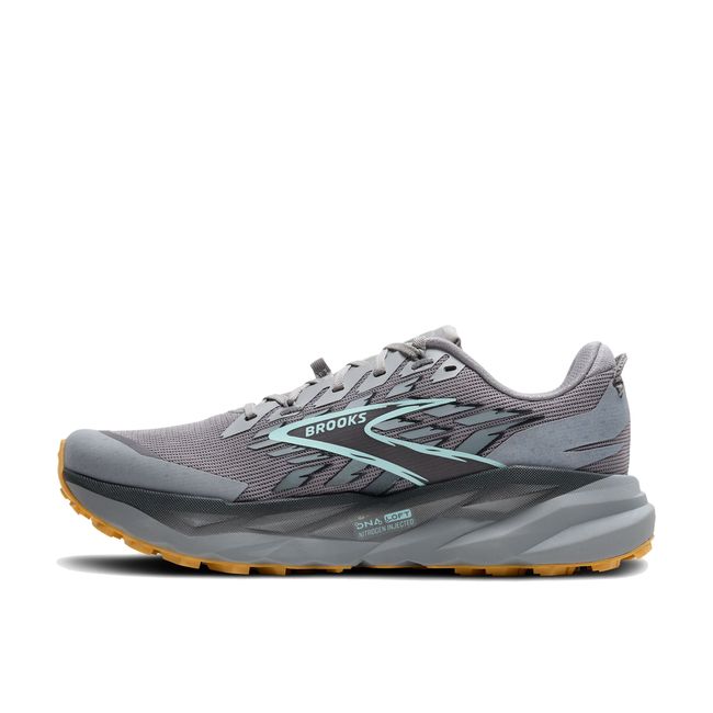 Medial side of Brooks Men’s Cascadia 19 grey trail running shoe with all-terrain cushioned midsole.