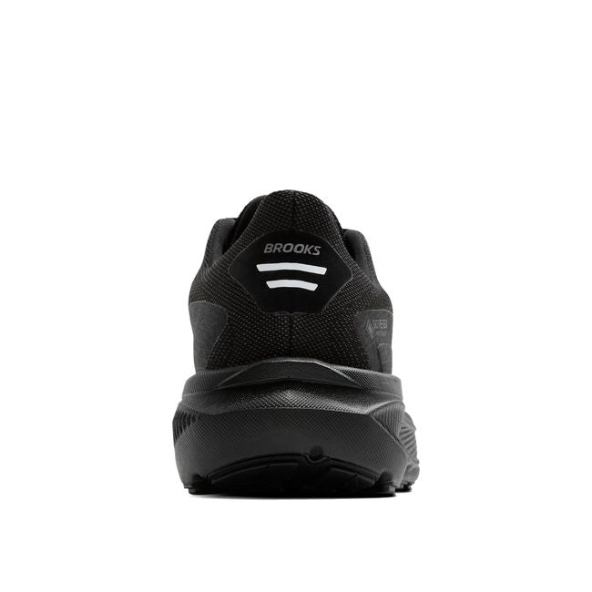Heel of Brooks Men's Ghost 17 GTX black waterproof running shoe with GORE-TEX and cushioning.