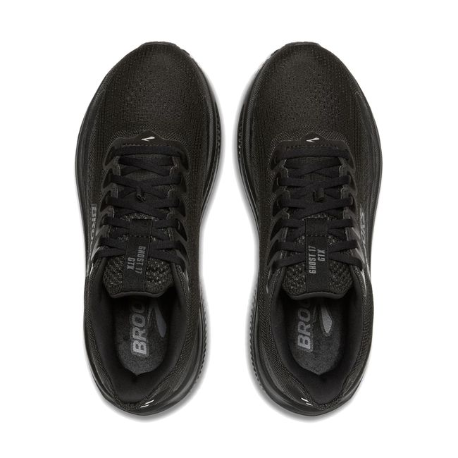 Upper of Brooks Men's Ghost 17 GTX black waterproof running shoe with GORE-TEX and cushioning.