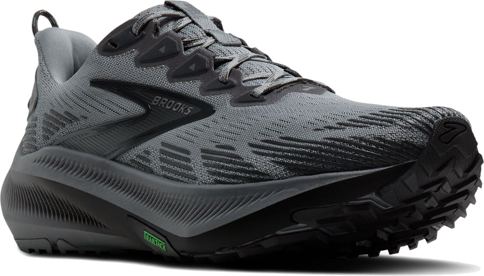 Angled view of Brooks Men's Ghost Trail Running Shoe in Gray, Gray, Blackened Pearl