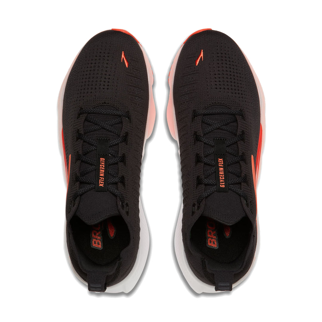 Top-down pair view of Brooks Glycerin Flex in black showing mesh upper and lace system with orange accents