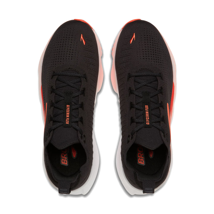 Top-down pair view of Brooks Glycerin Flex in black showing mesh upper and lace system with orange accents