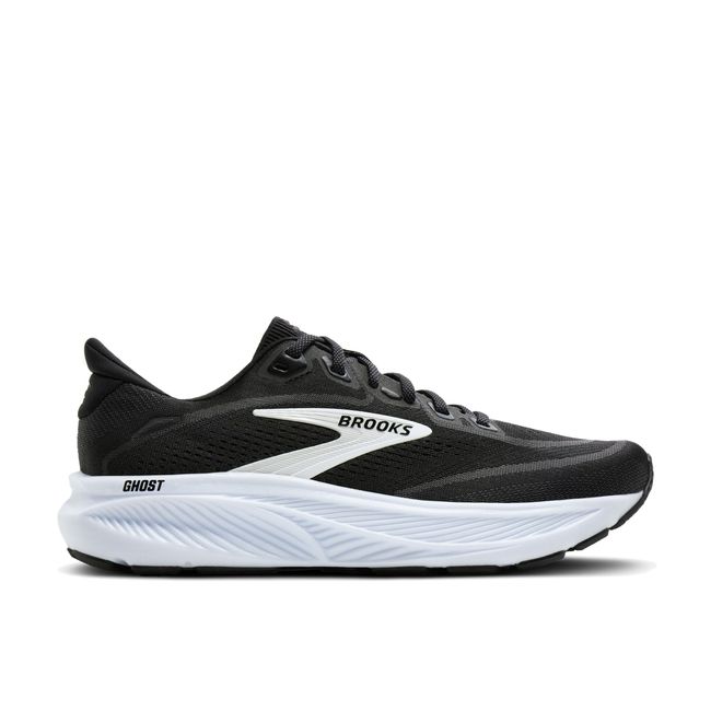 Lateral profile of Brooks Ghost 18 men's shoe in black showing white cushioned midsole and Ghost branding