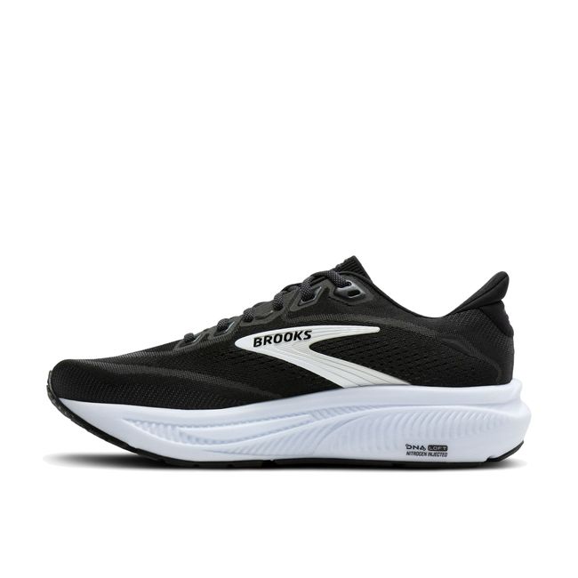 Medial profile of Brooks Ghost 18 in black and grey showing balanced midsole stack and breathable mesh upper