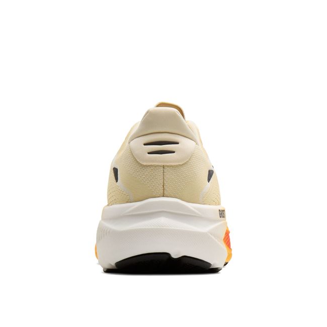 Top-down pair of Brooks Ghost 18 in cream showing mesh upper with gold Brooks logo and orange accent detail