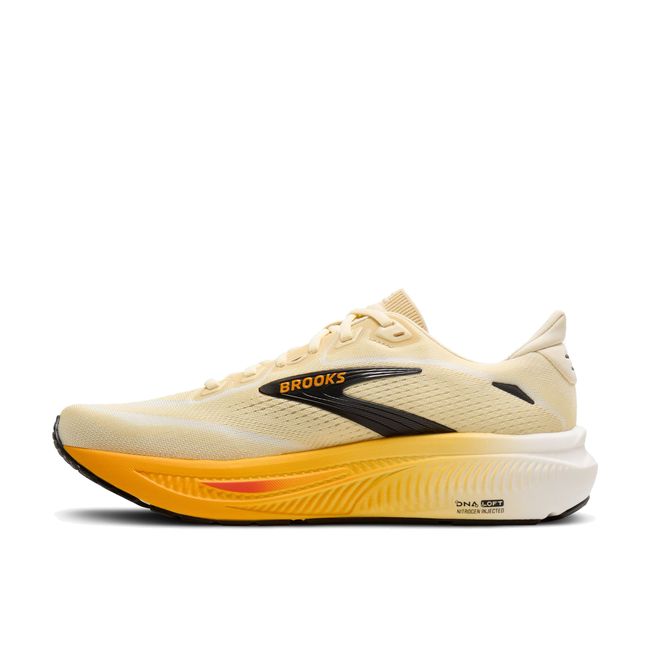 Medial profile of Brooks Ghost 18 in rutabaga and orange showing balanced cushioned midsole stack and mesh upper