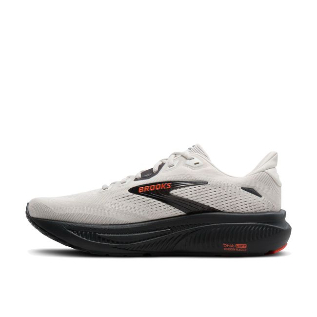 Medial profile of Brooks Ghost 18 in coconut and pearl showing balanced midsole stack and breathable mesh upper