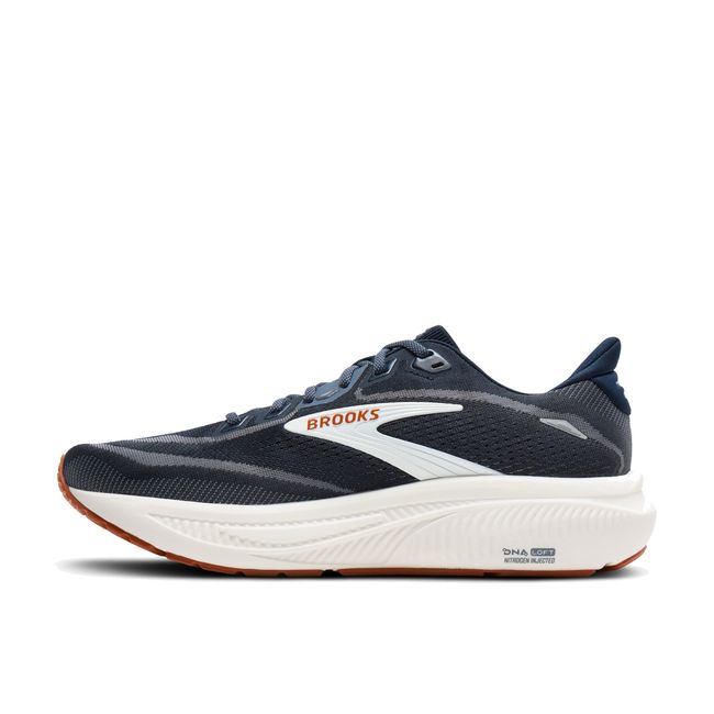 Medial profile of Brooks Ghost 18 in navy blazer and blue showing balanced midsole stack and mesh upper