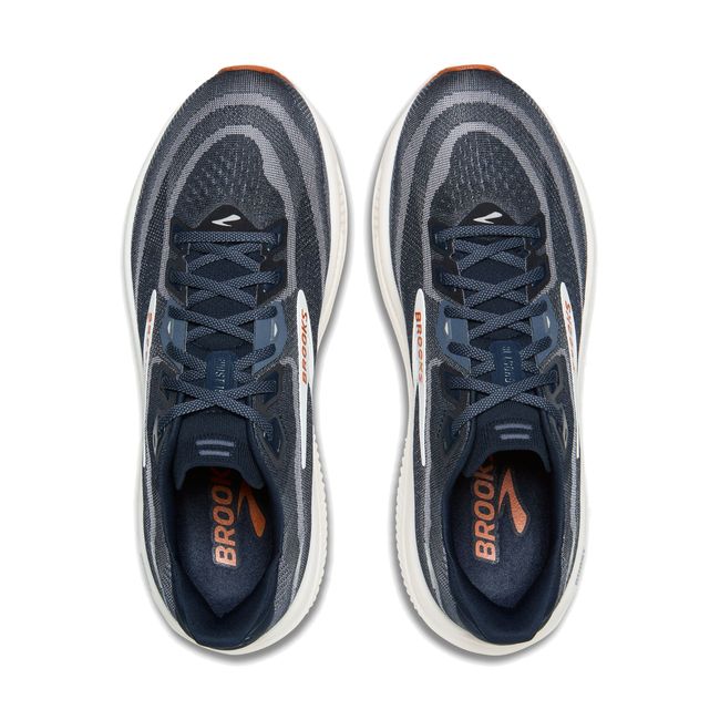Top-down pair of Brooks Ghost 18 in navy showing mesh upper with white Brooks logo and copper accent detail