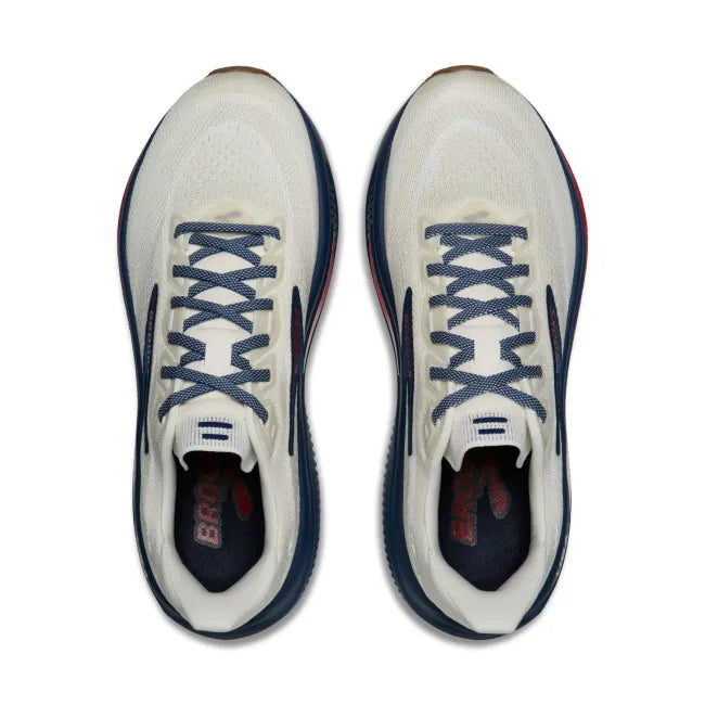 Top-down pair of Brooks Ghost 18 in white showing navy laces and red and blue Fourth of July accent details