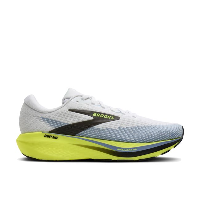 Lateral profile of Brooks Ghost AMP in white showing SpringRamp neon midsole and warp knit upper