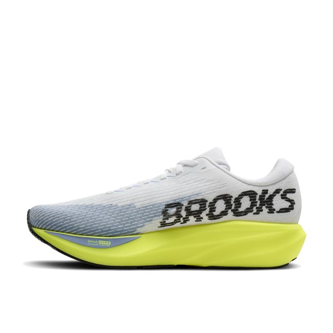 Medial profile of Brooks Ghost AMP in white and blue showing BROOKS text and DNA HYPE midsole