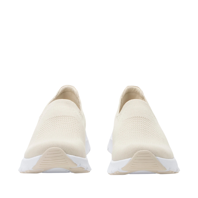Front of Women&#39;s Alegria Waze slip on shoes in sand color knit upper and white soles