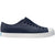 Lateral side view of the Native Big Kids' Jefferson Shoe in navy blue, featuring a slip-on design, lightweight and hand-washable Sugarlite™ material, a perforated upper similar to Crocs, and a white toe cap for added design.