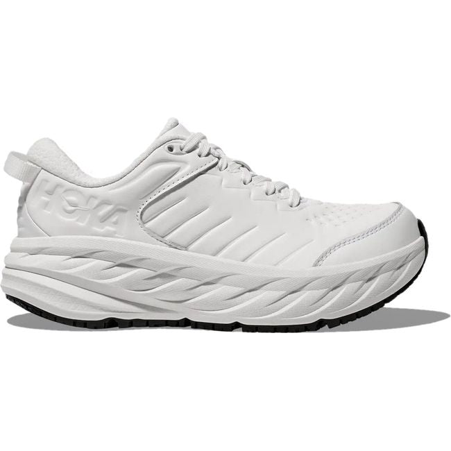 Lateral side of Women's Hoka Bondi SR Work Shoe in Frost leather with slip resistant sole
