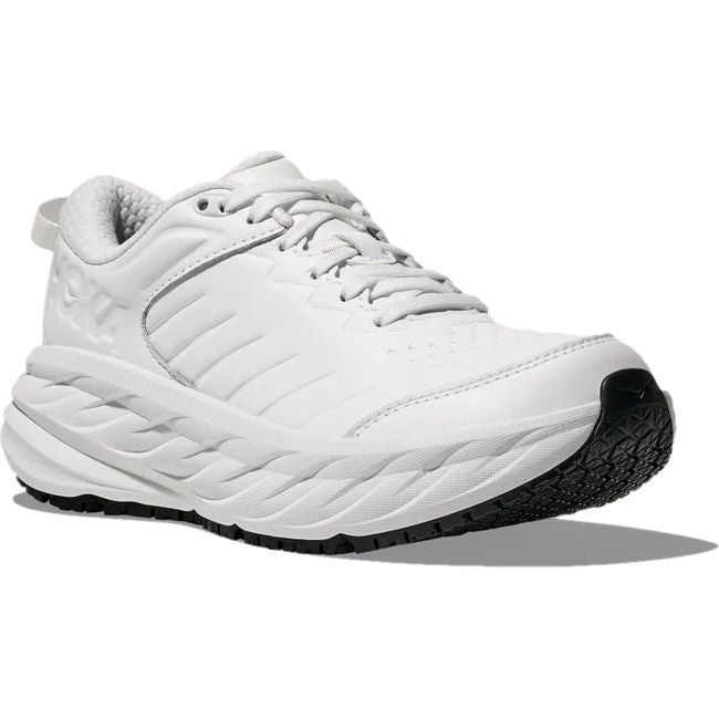 Front angled view of Women's Hoka Bondi SR Work Shoe in Frost leather 