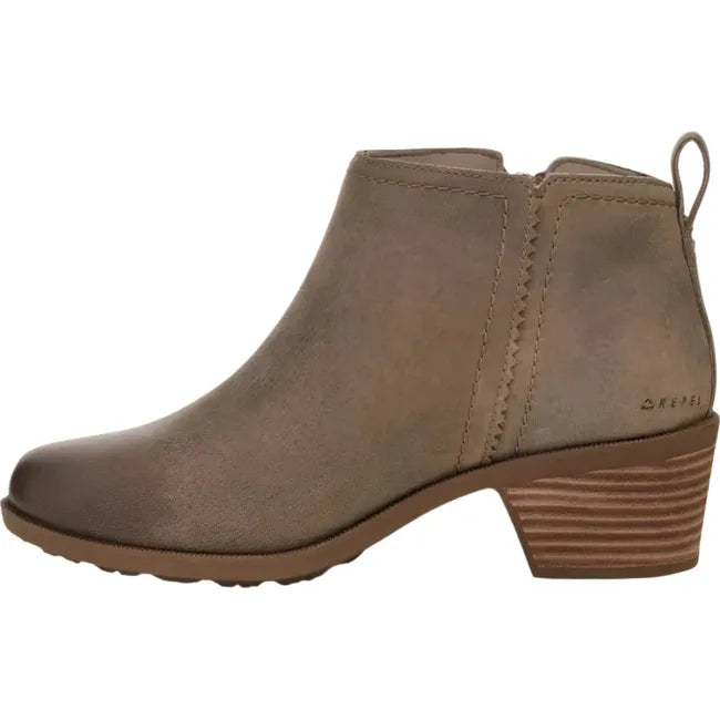 Medial side of Women's Teva Anaya Waterproof Bootie in Desert Taupe leather with block heel