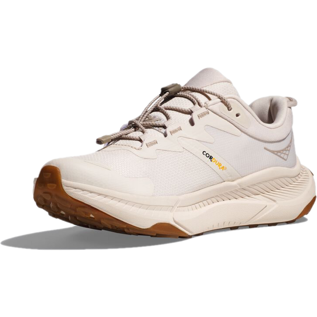 Medial side of Hoka Women's Transport Lifestyle Shoe in eggnog color with bungee laces